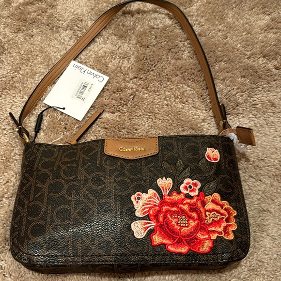 NWT Calvin Klein, shoulder bag, handbag purse, mother’s flowers roses, brown - Picture 2 of 15